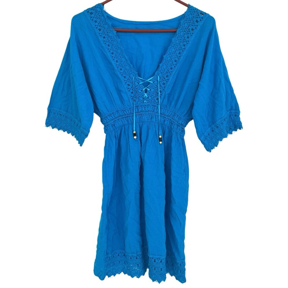 Blue Swim Cover Up Dress Womens S Lace Trim Beaded Ties Elastic Waist Beach Pool - Picture 1 of 7